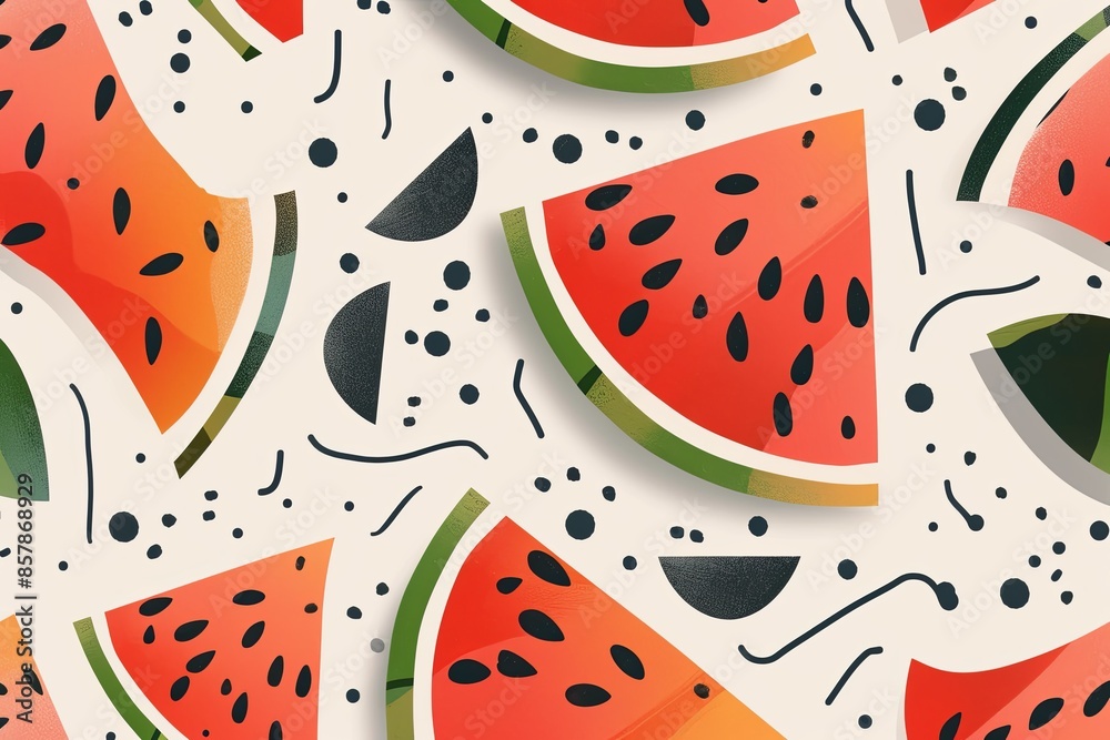 Aufkleber a close-up image of juicy watermelon slices with black seeds and green rind on a light background. g
