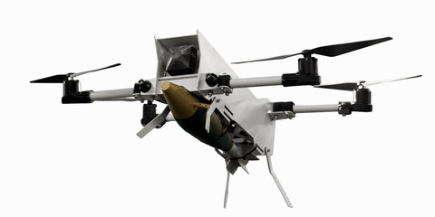 Isolated military drone with aerial bomb. Modern defence technology.