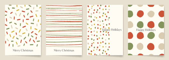 Minimalist Christmas Card designs with hand drawn abstract patterns in natural color palette.