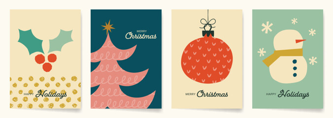 Retro Modern Christmas Card Design with hand drawn illustrations and paper cutouts. Whimsical illustrations for Winter Holidays in retro pastel colors.