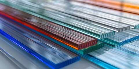 Display various colored polycarbonate plastic sheets in a showroom. Concept Polycarbonate Sheets, Showroom Display, Colorful Materials, Industrial Applications