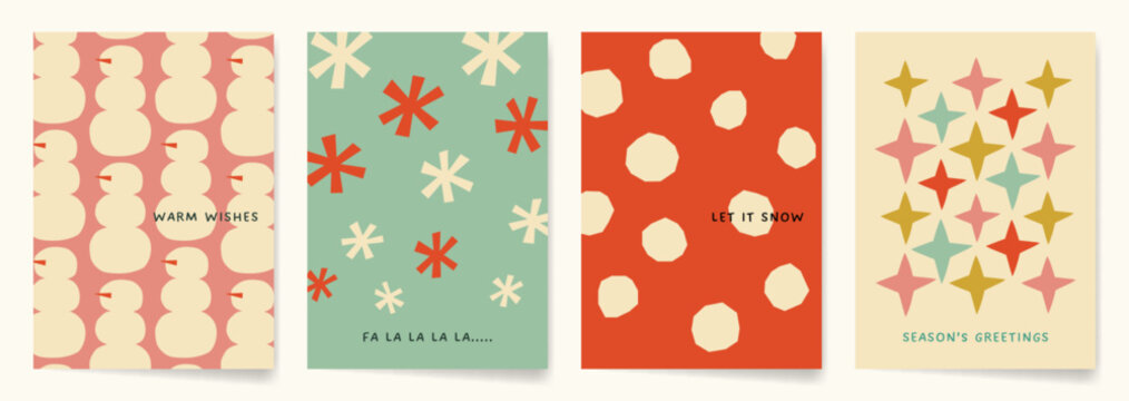 Christmas Card Designs with whimsical patterns made with paper cutout shapes and hand drawn illustrations. Retro-modern Winter Holiday designs in soft pastel colors.