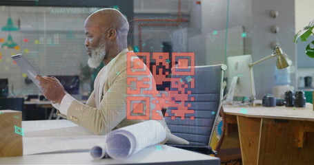 Image of qr code and data processing over african american businessman using tablet