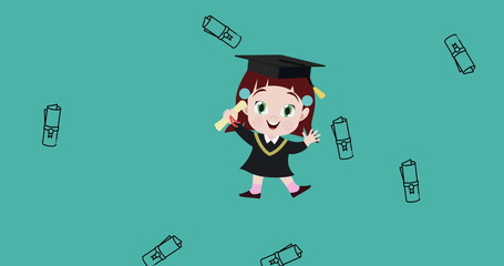 Image of degree icons falling over graduated girl icon against copy space on blue background