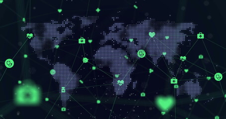 Image of network of medical icons over world map against blue background
