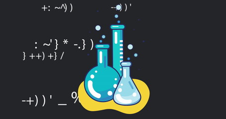 Image of chemistry school icons and mathematical formulae on black background