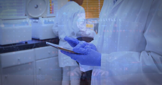 Image of qr code and data processing over biracial female scientist