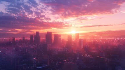 Stunning urban skyline at sunset with vibrant pink and purple clouds.