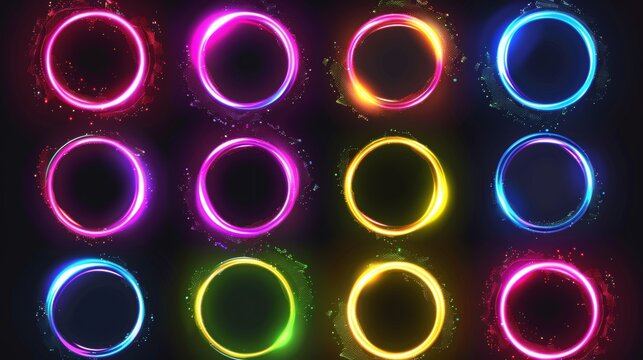 Intense neon glow 3d modern set. Wheel speed portal with abstract power line shine. Vibrant edm optical ball in purple and pink.