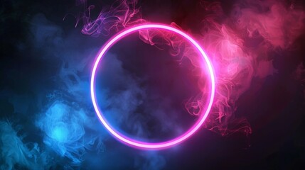 The circle of neon light is made up of glowing pink and blue fog effects on a dark background. This is a futuristic or magic game portal with haze.