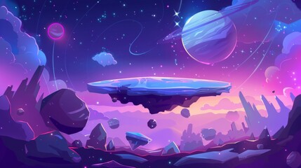 A space background with craters and cracks, featuring a gas giant and moon, and the surface of an alien planet.