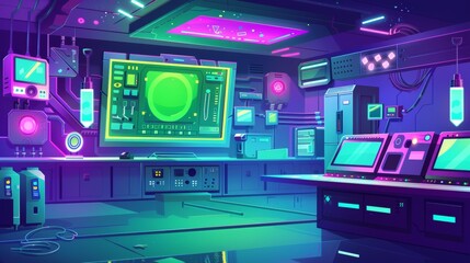 A cartoon scientific laboratory on the interior of a spaceship with machines and equipment for conducting experiments - computers, monitors and graphs, robotic arms, and plants in a capsule.