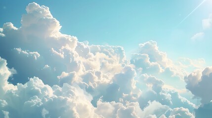 Serene view of fluffy white clouds against a clear blue sky, illuminated by sunlight.