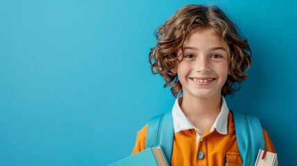 portrait of a smiling Caucasian schoolboy 10 -12 years old in a school uniform with textbooks in his hands and a school bag on his shoulders, studio shooting blue background