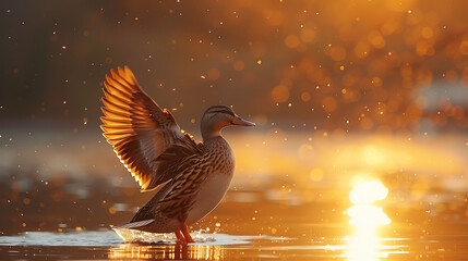 A magnificent femal duck in a dynamic pose during sunset, natural geographics. Generative AI illustration 