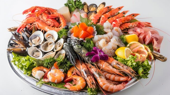 Fresh seafood and shellfish assortment on a seafood platter