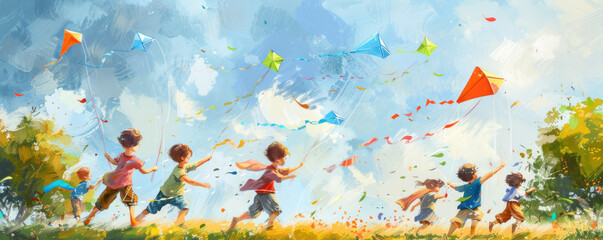 A group of young children flying kites in a windy park on a sunny afternoon.