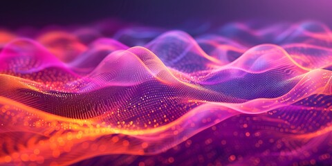 Fototapeta premium Vibrant abstract waves of glowing particles forming a futuristic digital landscape in neon colors