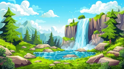 In this illustration, a waterfall landscape is shown with a river or a lake flowing through it. The water cascades down a rock relief in a tropical paradise scene. A grass valley fantasy summer scene
