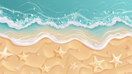 Obraz premium Realistic ocean shore pattern with white foam and bubbles on golden surface. Tropical summer vacation aerial banner design. Abstract travel illustration.