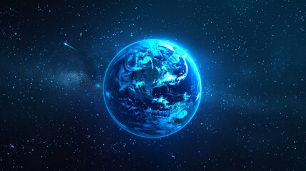 Obraz premium A purple planet and solar eclipse light on the horizon of space. An abstract blue sunrise in starry sky with flare at night. An astronomy edge shine scene.