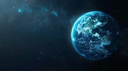 Obraz premium Blue glow with rays and sparkles on the planet horizon. 3D modern illustration of sunlight in the universe at sunrise or sunset. Earth cosmos star rising.