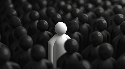 Obraz premium One person standing out in a crowd of black figures