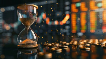 Hourglass with golden coins on digital stock market background
