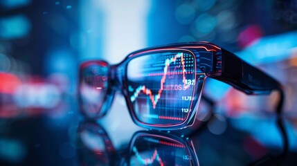 Modern glasses overlaying stock market analytics on transparent screens