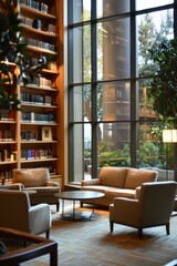 Cozy minimalist reading nook with bookshelves and natural light