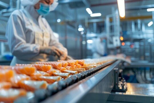 Quality control worker overseeing salmon processing line