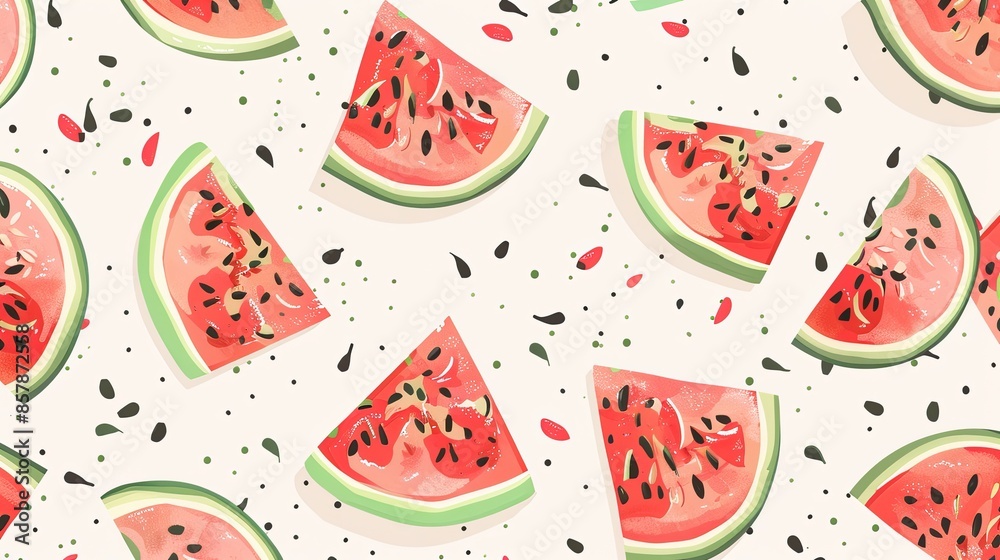 Poster a close-up image of freshly cut watermelon slices with black seeds, arranged on a white background. 