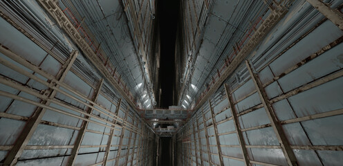 3D illustration of a Sci-fi Hangar, showcasing a futuristic design with high ceilings, metal structures, and atmospheric lighting.