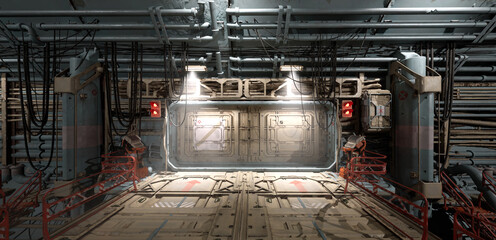 A 3D illustration of a Sci-fi Hangar showcasing a futuristic design with intricate piping and closed gate. © Valeriy