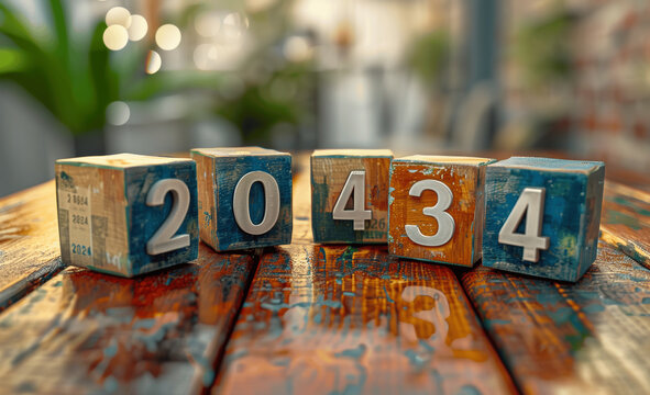 3D Rendered Image of Colorful Wooden Cubes with Text 2024 for New Year Concept