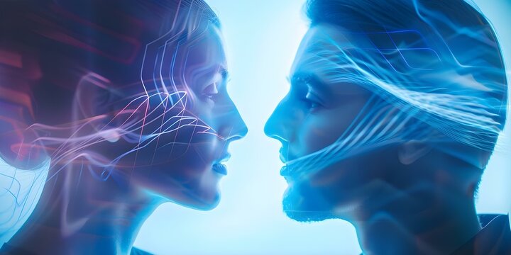 Two people connect through electromagnetic fields when interacting face to face. Concept Science Fiction, Electromagnetic Connection, Human Interaction, Technology, Supernatural Bond