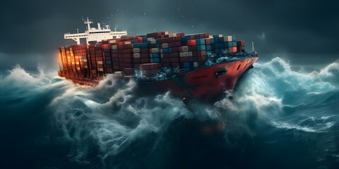 A massive cargo ship overturns sinking into the ocean depths. Concept Maritime disaster, Cargo ship sinking, Ocean tragedy, Rescue operations, Environmental impact