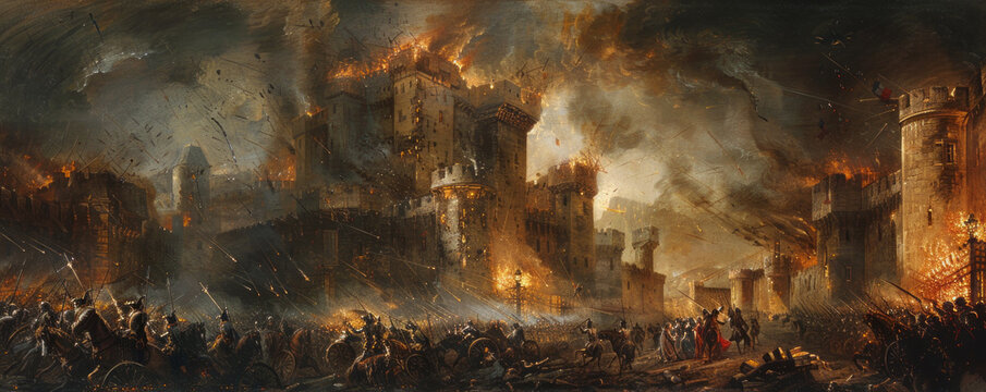 A scene from the French Revolution, with revolutionaries storming the Bastille, symbolizing the overthrow of tyranny.