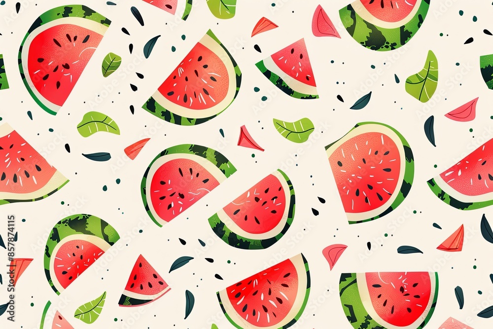 Poster a bright and cheerful pattern of watermelon slices, seeds, and green rinds on a white background. ge