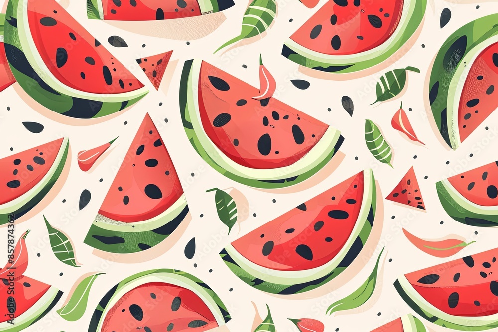 Poster a vibrant pattern featuring slices of watermelon, seeds, and green rinds on a light background. gene