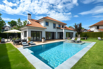 luxurious modern mansion with a backyard pool decoration style inspiration ideas, Luxury traditional French mansion with pool and garden, Modern style pool garden of luxury 


