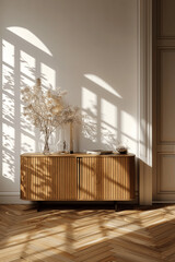 Modern Sideboard in Minimalist Interior with Parquet Floor and Sunlight Shadows