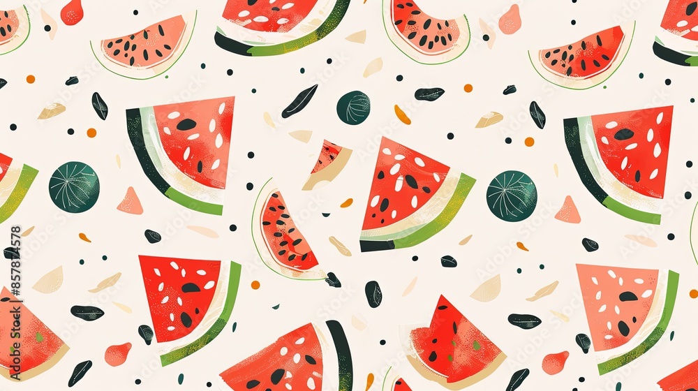 Poster a vibrant digital illustration features a repeating pattern of watermelon slices, seeds, and rinds o