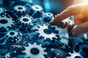 Modern business concept with professional gesturing towards hovering gears symbolizing streamlined and efficient processes,