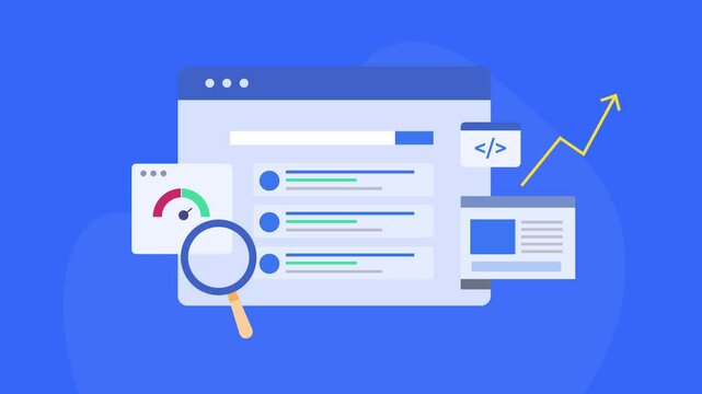 Search engine algorithm website speed test meter, meta data coding and programming keyword ranking conceptual technology e-business video animation.