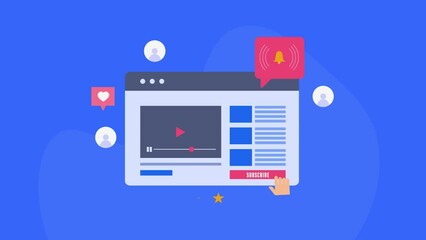 Social media video marketing engagement increase subscriber new post update bell notification content creator animation concept.