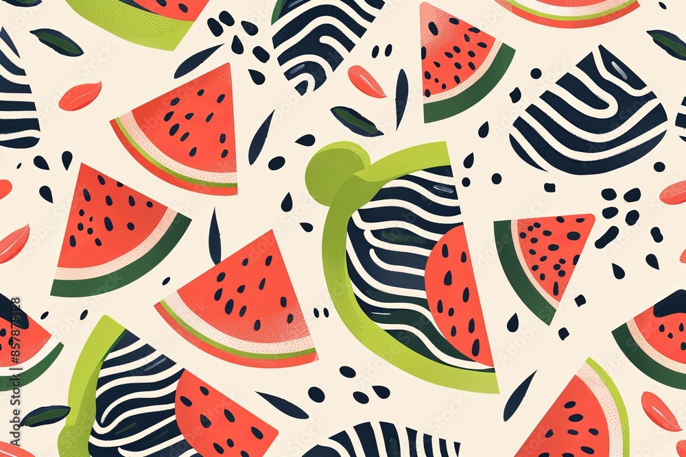 Poster this illustration features several slices of watermelon with seeds, green rinds, and a light backgro