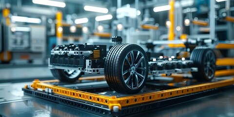 Green energy giga factory automates EV battery assembly to achieve netzero emissions. Concept Sustainable Manufacturing, Clean Energy, Electric Vehicles, Automation Technology, Netzero Emissions