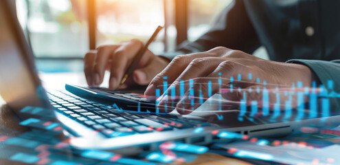 Businessman Using Calculator and Laptop with Financial Data Overlay for Analyzing Market Trends.