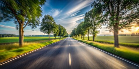 Fototapeta premium Rural Countryside Road Blur: A peaceful countryside road with fields and trees on either side, blurred to create a sense of motion. 